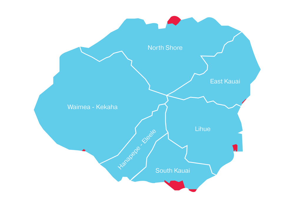 Light blue map depicting Kaua’i County Visitor Destination Areas in red. 